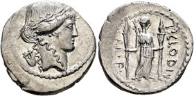 P. Clodius M.f. Turrinus, 42 BC. Denarius (Silver, 19 mm, 3.52 g, 6 h), Rome. Laureate head of Apollo to right; behind, lyre. Rev. P•CLODIVS / M•F• Di...