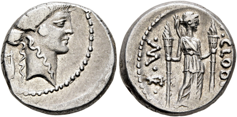 P. Clodius M.f. Turrinus, 42 BC. Denarius (Silver, 16 mm, 4.00 g, 9 h), Rome. La...