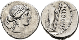 P. Clodius M.f. Turrinus, 42 BC. Denarius (Silver, 17 mm, 3.90 g, 9 h), Rome. Laureate head of Apollo to right; behind, lyre. Rev. P•CLODIVS / [M•F•] ...