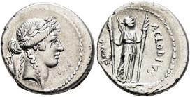 P. Clodius M.f. Turrinus, 42 BC. Denarius (Silver, 18 mm, 4.00 g, 9 h), Rome. Laureate head of Apollo to right; behind, lyre. Rev. P•CLODIVS / M•F• Di...