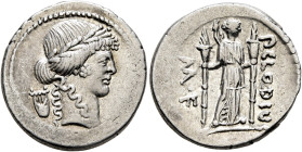 P. Clodius M.f. Turrinus, 42 BC. Denarius (Silver, 19 mm, 3.88 g, 9 h), Rome. Laureate head of Apollo to right; behind, lyre. Rev. P•CLODIVS / M•F• Di...