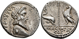 Cnaeus Pompeius Magnus (Pompey the Great). Denarius (Silver, 17 mm, 3.82 g, 4 h), with Varro, proquaestor. Military mint moving with Pompey in Greece,...