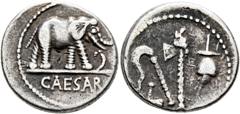 Julius Caesar, 49-44 BC. Denarius (Silver, 18 mm, 3.86 g, 5 h), military mint mo...