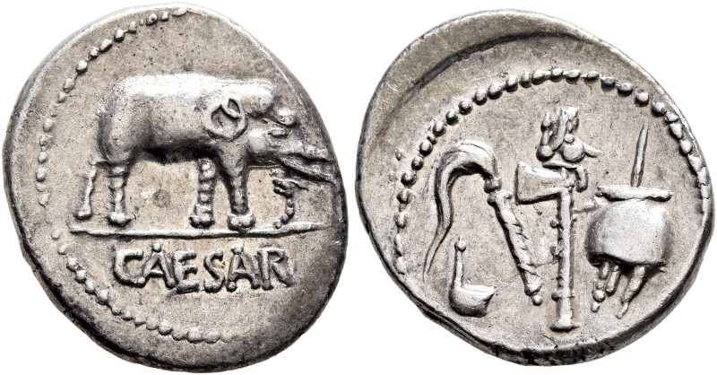 Julius Caesar, 49-44 BC. Denarius (Silver, 19 mm, 4.01 g, 9 h), military mint mo...