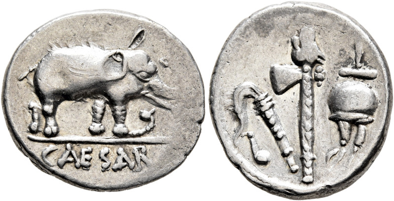 Julius Caesar, 49-44 BC. Denarius (Silver, 19 mm, 3.83 g, 9 h), military mint mo...