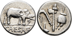 Julius Caesar, 49-44 BC. Denarius (Silver, 16 mm, 3.95 g, 3 h), military mint moving with Caesar in Gallia Narbonensis or Hispania Citerior, 49-48. CA...