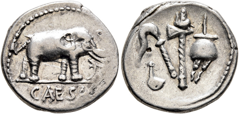 Julius Caesar, 49-44 BC. Denarius (Silver, 18 mm, 3.79 g, 12 h), military mint m...