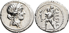 Julius Caesar, 49-44 BC. Denarius (Silver, 19 mm, 3.89 g, 6 h), military mint moving with Caesar in North Africa, 48-47. Diademed head of Venus to rig...