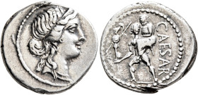 Julius Caesar, 49-44 BC. Denarius (Silver, 19 mm, 4.00 g, 6 h), military mint moving with Caesar in North Africa, 48-47. Diademed head of Venus to rig...