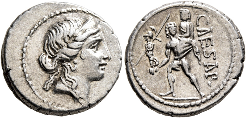 Julius Caesar, 49-44 BC. Denarius (Silver, 17 mm, 3.84 g, 6 h), military mint mo...