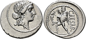 Julius Caesar, 49-44 BC. Denarius (Silver, 20 mm, 3.86 g, 6 h), military mint moving with Caesar in North Africa, 48-47. Diademed head of Venus to rig...