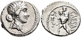 Julius Caesar, 49-44 BC. Denarius (Silver, 18 mm, 3.80 g, 6 h), military mint moving with Caesar in North Africa, 48-47. Diademed head of Venus to rig...