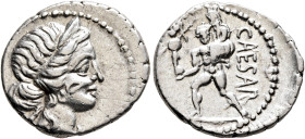Julius Caesar, 49-44 BC. Denarius (Silver, 19 mm, 3.89 g, 6 h), military mint moving with Caesar in North Africa, 48-47. Diademed head of Venus to rig...