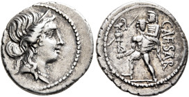 Julius Caesar, 49-44 BC. Denarius (Silver, 19 mm, 3.74 g, 6 h), military mint moving with Caesar in North Africa, 48-47. Diademed head of Venus to rig...