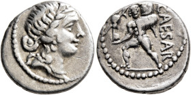 Julius Caesar, 49-44 BC. Denarius (Silver, 17 mm, 3.87 g, 6 h), military mint moving with Caesar in North Africa, 48-47. Diademed head of Venus to rig...