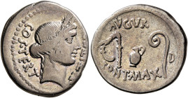 Julius Caesar, 49-44 BC. Denarius (Silver, 19 mm, 3.75 g, 9 h), military mint (Utica?), 46. [D]ICT•ITE[R] - COS•TERT Head of Ceres to right, wearing w...