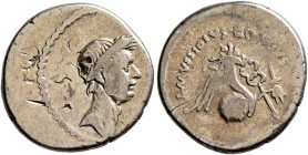 Julius Caesar, 49-44 BC. Denarius (Silver, 18 mm, 3.77 g, 3 h), with L. Mussidius Longus. Rome, 42. Laureate head of Julius Caesar to right. Rev. L•MV...