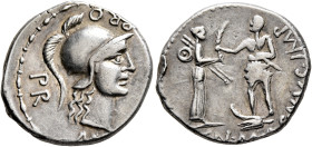 Cnaeus Pompey Jr, 48-45 BC. Denarius (Silver, 18 mm, 3.87 g), with Marcus Poblicius, legatus pro praetore, Corduba, 46-45. M[•POBLICI•LEG•]PRO - PR He...