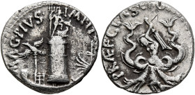 Sextus Pompey, 43-35 BC. Denarius (Silver, 18 mm, 3.76 g, 2 h), military mint in Sicily, 37-36. MAG•PIVS•IMP•IT[ER] The Pharos of Messana surmounted b...