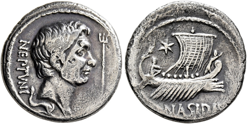 Sextus Pompey, 43-35 BC. Denarius (Silver, 19 mm, 3.54 g, 11 h), Q. Nasidius, co...