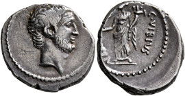 Mark Antony, 44-30 BC. Denarius (Silver, 18 mm, 4.00 g, 3 h), C. Vibius Varus, moneyer, Rome, 42. Bare head of Mark Antony to right, wearing short bea...