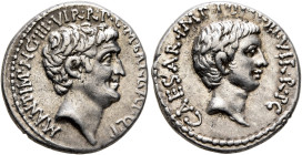Mark Antony and Octavian. Denarius (Silver, 18 mm, 4.13 g, 12 h), with M. Barbatius, Ephesus (?), 41. M ANT•I MP •AV G III•VIR•R•P•C•M BARBAT•Q•P Bare...