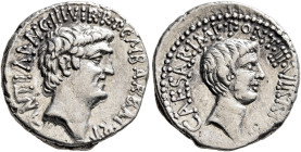 Mark Antony and Octavian. Denarius (Silver, 18 mm, 3.83 g, 12 h), with M. Barbatius, Ephesus (?), 41. M•ANT•IMP•AVG•III•VIR•R•P•C•M•BARBAT•Q•P Bare he...
