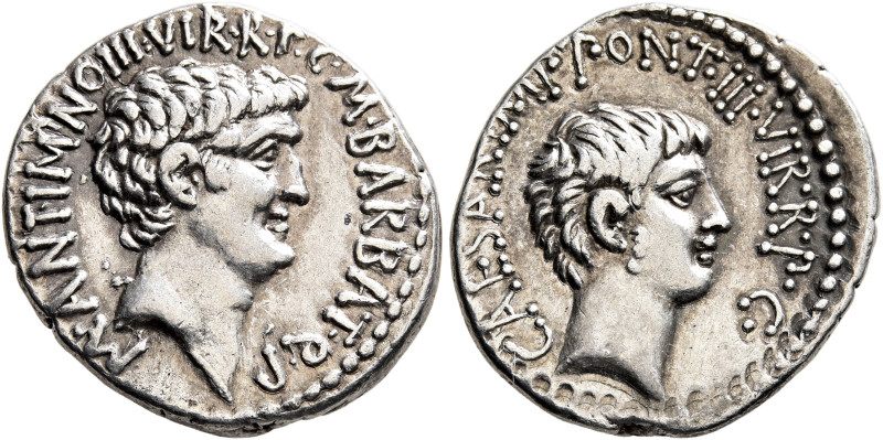 Mark Antony and Octavian. Denarius (Silver, 20 mm, 3.62 g, 12 h), with M. Barbat...