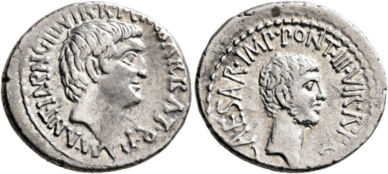 Mark Antony and Octavian. Denarius (Silver, 20 mm, 3.89 g, 12 h), with M. Barbat...