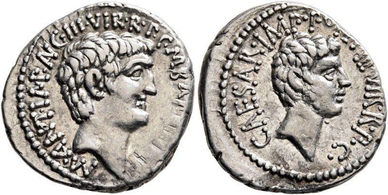 Mark Antony and Octavian. Denarius (Silver, 19 mm, 3.93 g, 12 h), with M. Barbat...