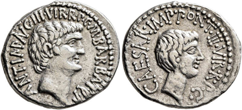 Mark Antony and Octavian. Denarius (Silver, 20 mm, 3.80 g, 12 h), with M. Barbat...