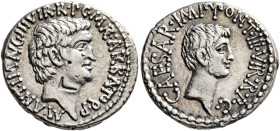 Mark Antony and Octavian. Denarius (Silver, 19 mm, 3.83 g, 12 h), with M. Barbatius, Ephesus (?), 41. M•ANT•IMP•AVG•III•VIR•R•P•C•M•BARBAT•Q•P Bare he...