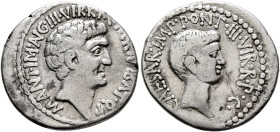 Mark Antony and Octavian. Denarius (Silver, 20 mm, 3.32 g, 12 h), with M. Barbatius, Ephesus (?), 41. M•ANT•I MP •AV G•III•VIR•R•P•C•M•BARBAT•Q•P Bare...