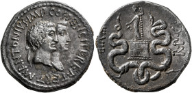 Mark Antony and Octavia, 40-35 BC. Cistophorus (Silver, 26 mm, 11.89 g, 1 h), Ephesus, summer-autumn 39. M•ANTONIVS•IMP•COS•DESIG•ITER ET•TERT• Conjoi...