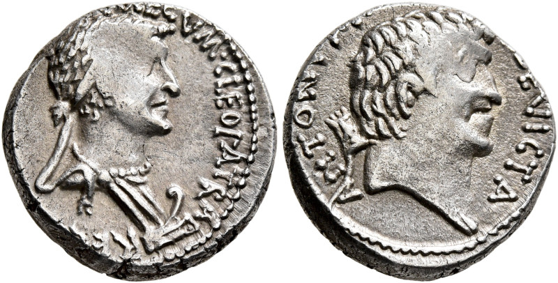 Mark Antony and Cleopatra. Denarius (Silver, 16 mm, 3.81 g, 12 h), Alexandria, a...