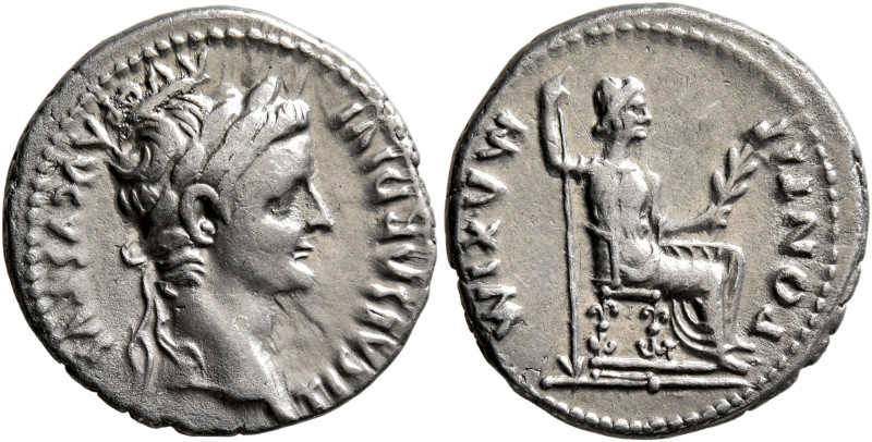 Tiberius, 14-37. Denarius (Silver, 17 mm, 3.68 g, 1 h), Lugdunum. Group 2, circa...