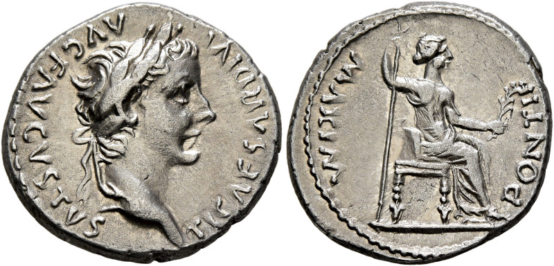 Tiberius, 14-37. Denarius (Silver, 19 mm, 3.85 g, 7 h), Lugdunum. Group 3, circa...