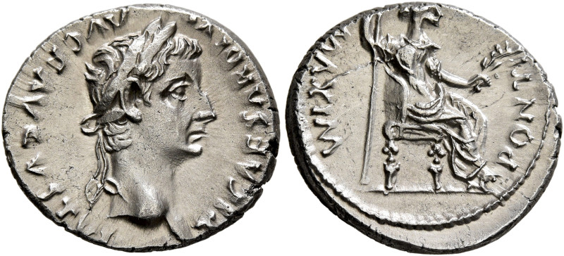 Tiberius, 14-37. Denarius (Silver, 19 mm, 3.74 g, 6 h), Lugdunum. Group 4, circa...