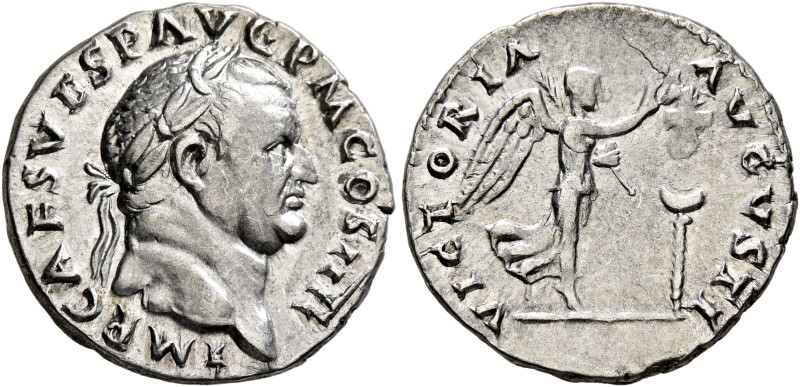 Vespasian, 69-79. Denarius (Silver, 19 mm, 3.47 g, 6 h), Rome, 72-73. IMP CAES V...