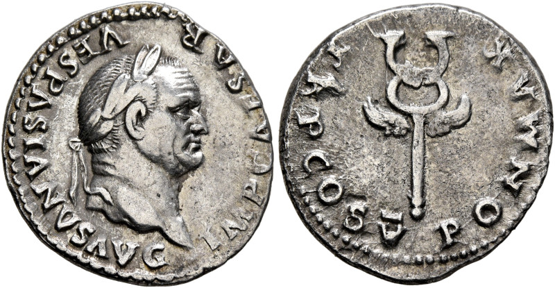 Vespasian, 69-79. Denarius (Silver, 19 mm, 3.33 g, 6 h), Rome, 74. IMP CAESAR VE...