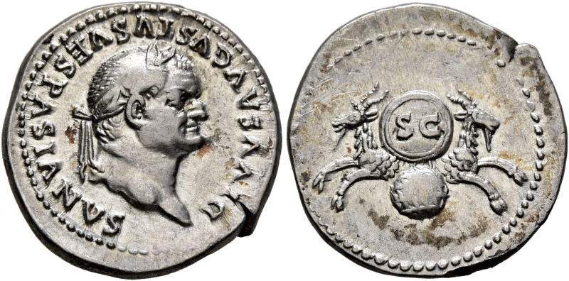 Divus Vespasian, died 79. Denarius (Silver, 19 mm, 3.23 g, 6 h), Rome, under Tit...