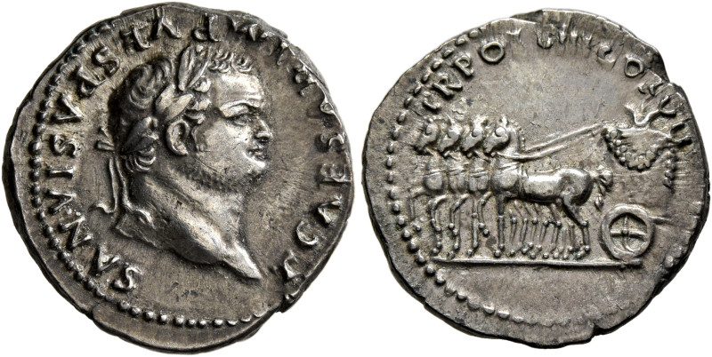 Titus, 79-81. Denarius (Silver, 18 mm, 3.40 g, 6 h), Rome, 79. T CAESAR IMP VESP...