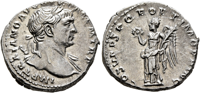 Trajan, 98-117. Denarius (Silver, 18 mm, 3.70 g, 6 h), Rome, circa 107-108. IMP ...