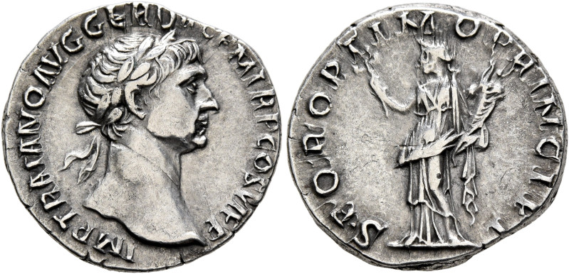 Trajan, 98-117. Denarius (Silver, 18 mm, 3.38 g, 6 h), Rome, circa spring 113-su...