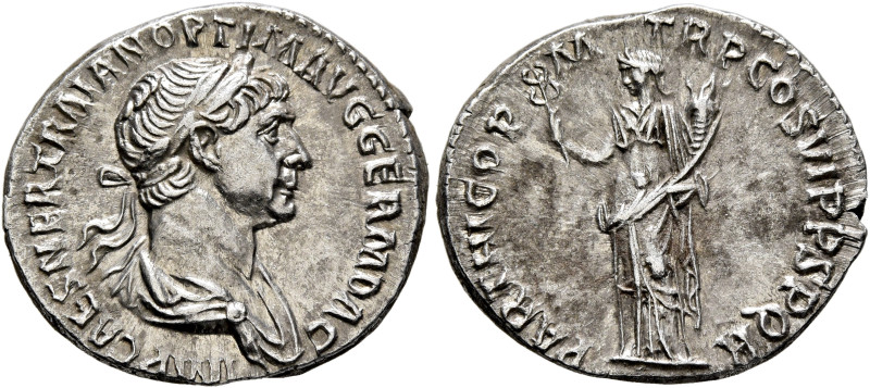 Trajan, 98-117. Denarius (Silver, 19 mm, 3.46 g, 6 h), Rome, 116-117. IMP CAES N...