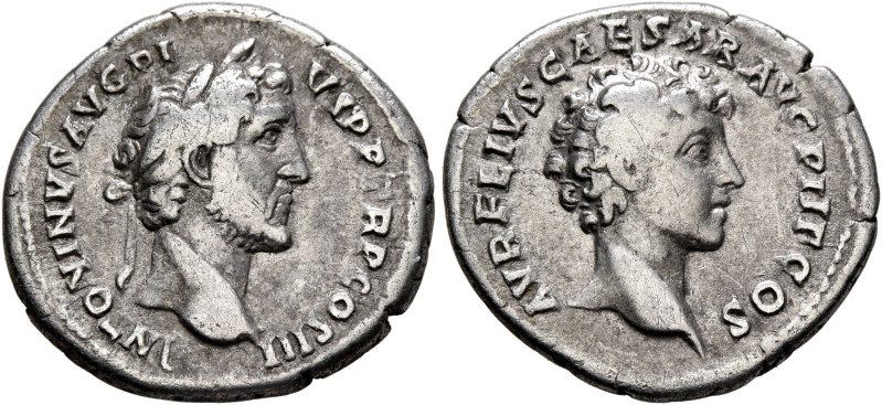 Antoninus Pius, with Marcus Aurelius as Caesar, 138-161. Denarius (Silver, 18 mm...