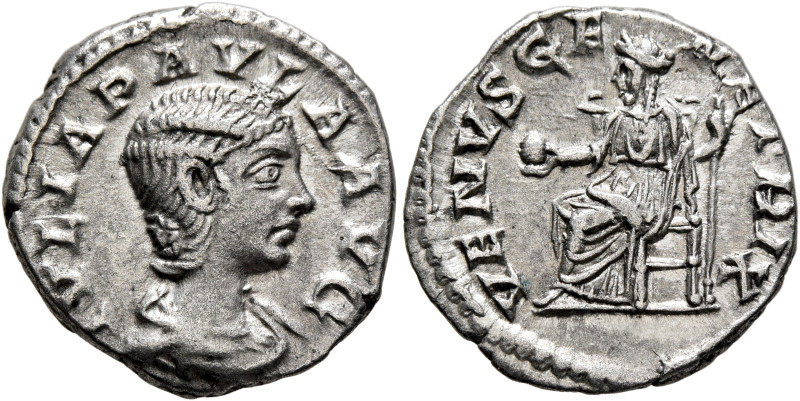 Julia Paula, Augusta, 219-220. Denarius (Silver, 18 mm, 2.88 g, 6 h), Rome. IVLI...