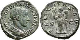 Gordian III, 238-244. Sestertius (Orichalcum, 32 mm, 18.08 g, 12 h), Rome, 241. IMP GORDIANVS PIVS FEL AVG Laureate, draped and cuirassed bust of Gord...