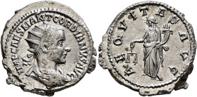 Gordian III, 238-244. Antoninianus (Silver, 23 mm, 5.41 g, 12 h), Antiochia, 239. IMP CAES M ANT GORDIANVS AVG Radiate, draped and cuirassed bust of G...