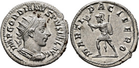 Gordian III, 238-244. Antoninianus (Silver, 23 mm, 4.17 g, 6 h), Antiochia, 242-244. IMP GORDIANVS PIVS FEL AVG Radiate and cuirassed bust of Gordian ...